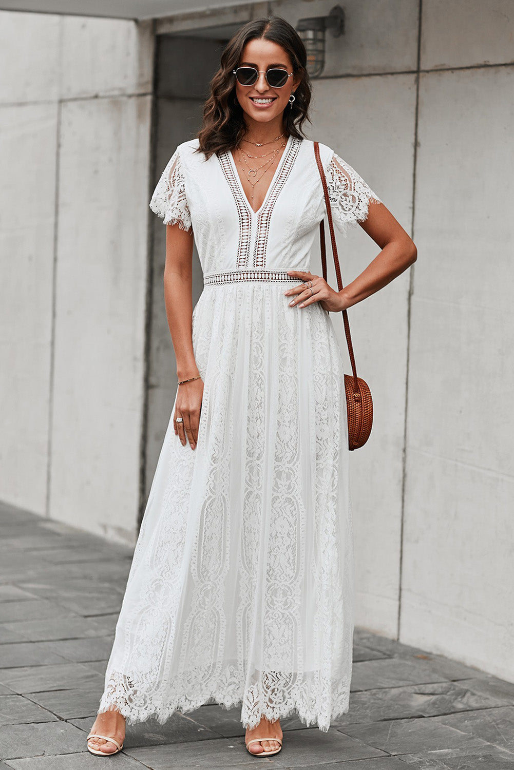 SYNZ White / S Scalloped Trim Lace Plunge Maxi Dress
