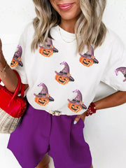SYNZ White / S Sequin Pumpkin Witch Halloween Tee