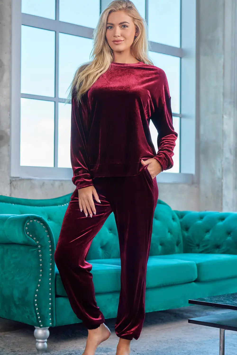SYNZ Wine / S Long Sleeve Top and Pants Lounge Set