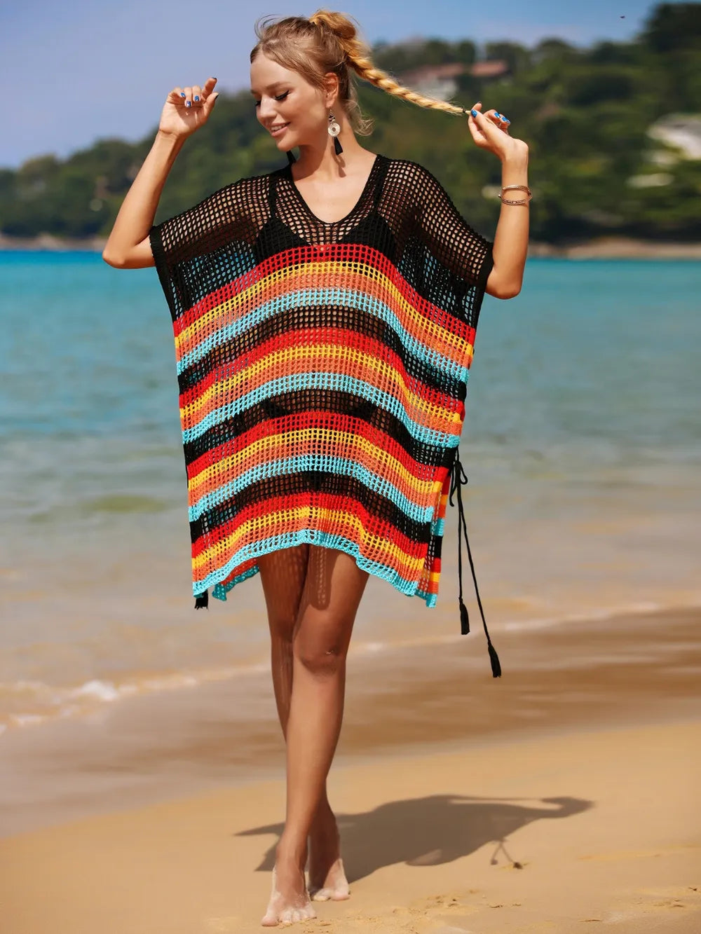 Trendsi Angel Wings Cutout Striped Cover-Up with Tassel