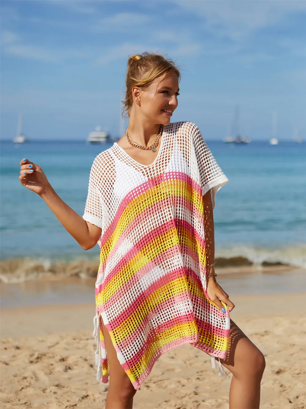 Trendsi Angel Wings Cutout Striped Cover-Up with Tassel