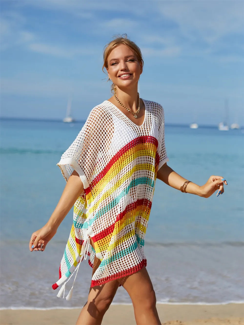 Trendsi Angel Wings Cutout Striped Cover-Up with Tassel