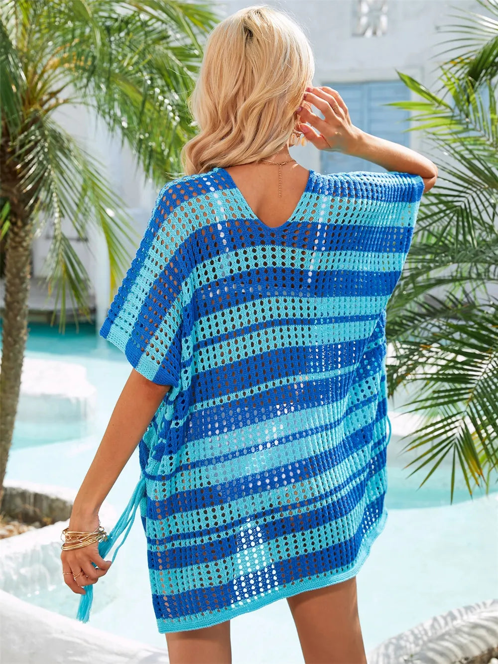 Trendsi Angel Wings Tassel Openwork Striped V-Neck Cover Up