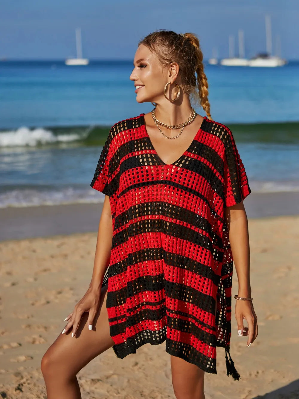 Trendsi Angel Wings Tassel Openwork Striped V-Neck Cover Up