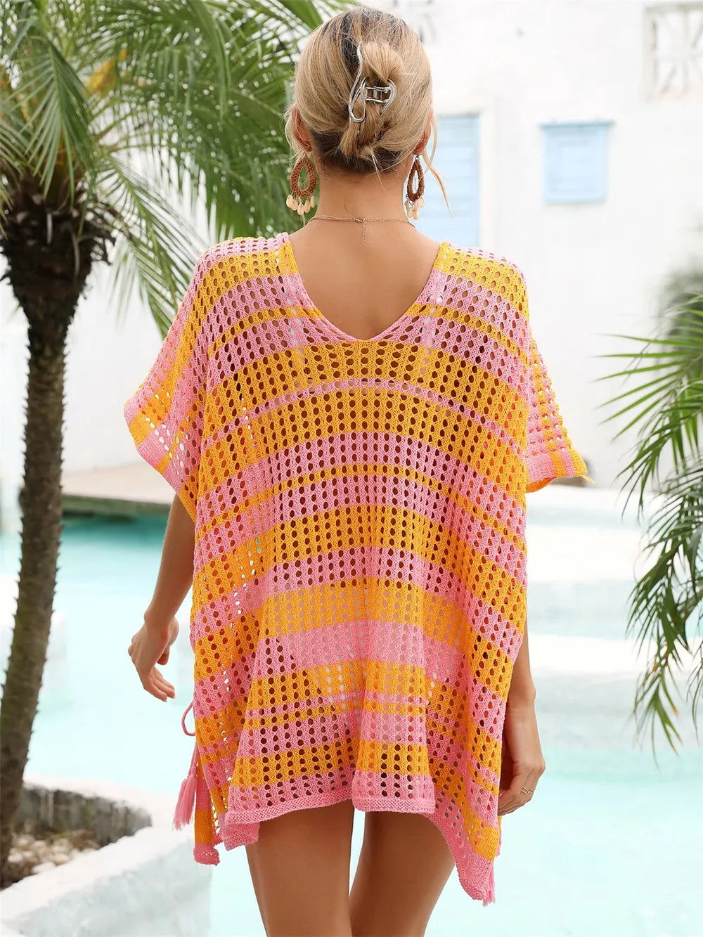 Trendsi Angel Wings Tassel Openwork Striped V-Neck Cover Up