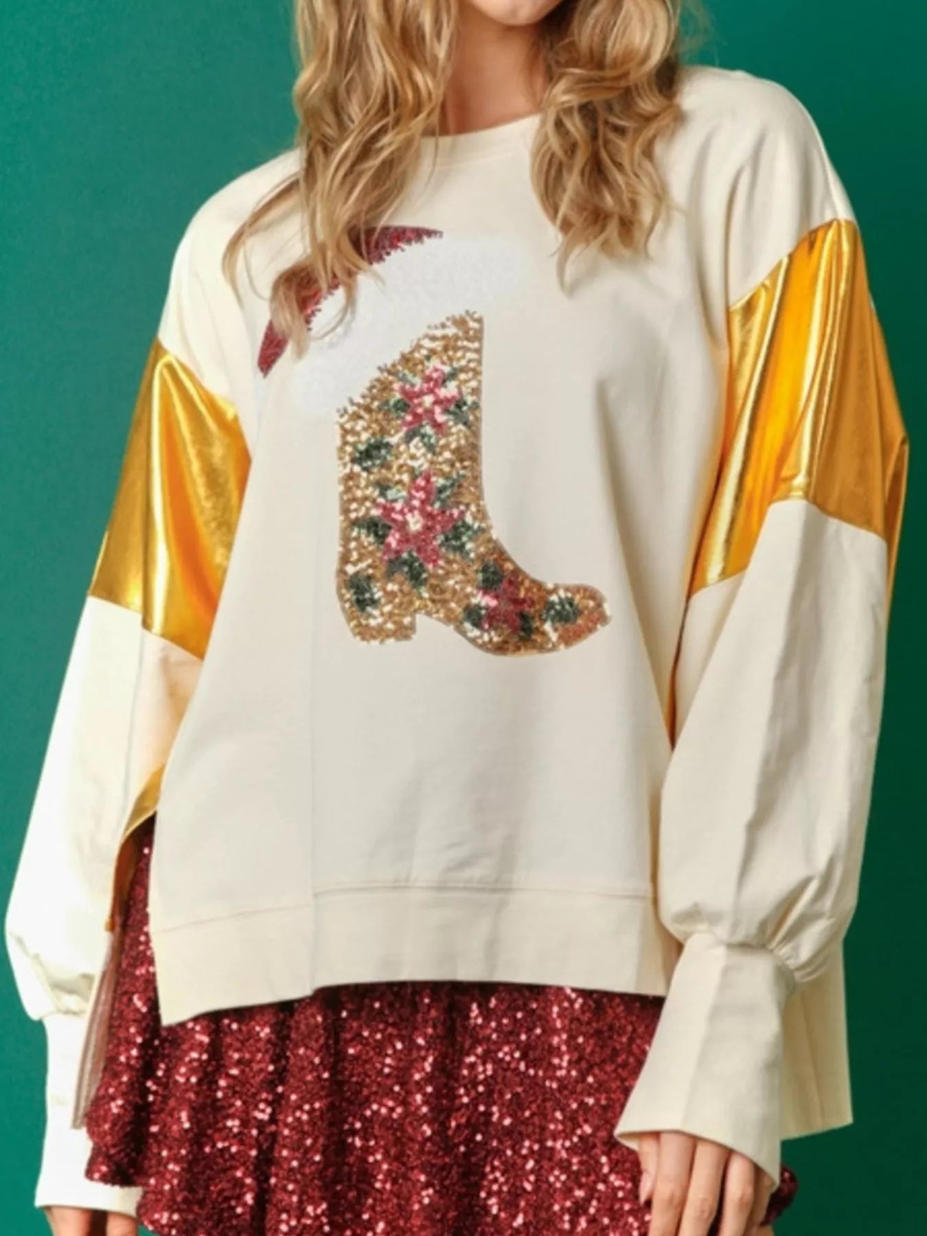 Trendsi Apricot / S Christmas Sequin Boot Long Sleeve Sweatshirt