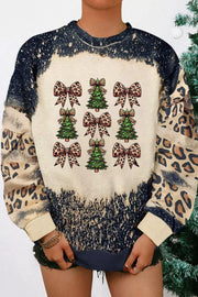 Trendsi Beige / S Christmas Tree & Leopard Bow Round Neck Sweatshirt