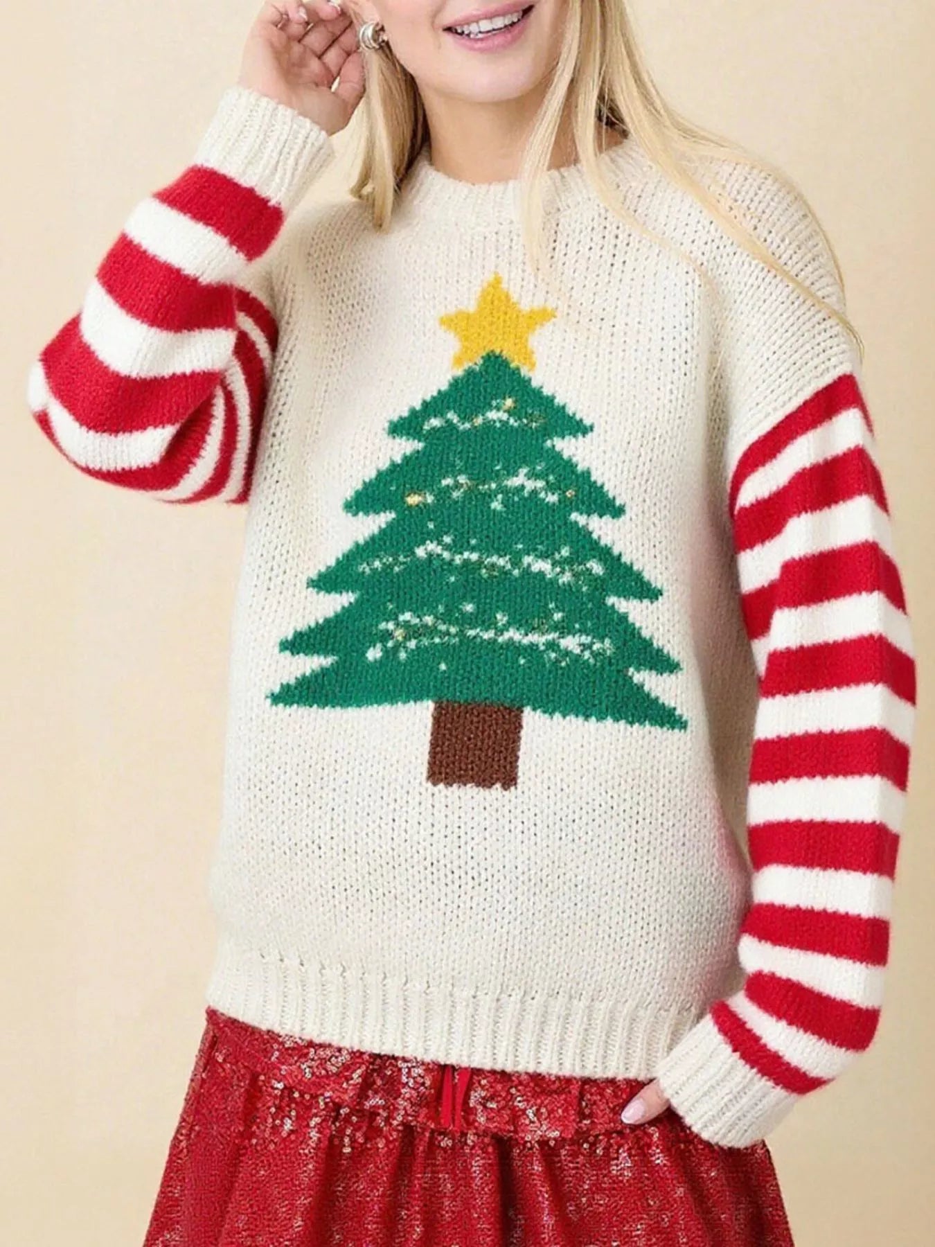 Trendsi Beige / S Christmas Tree Round Neck Sweater