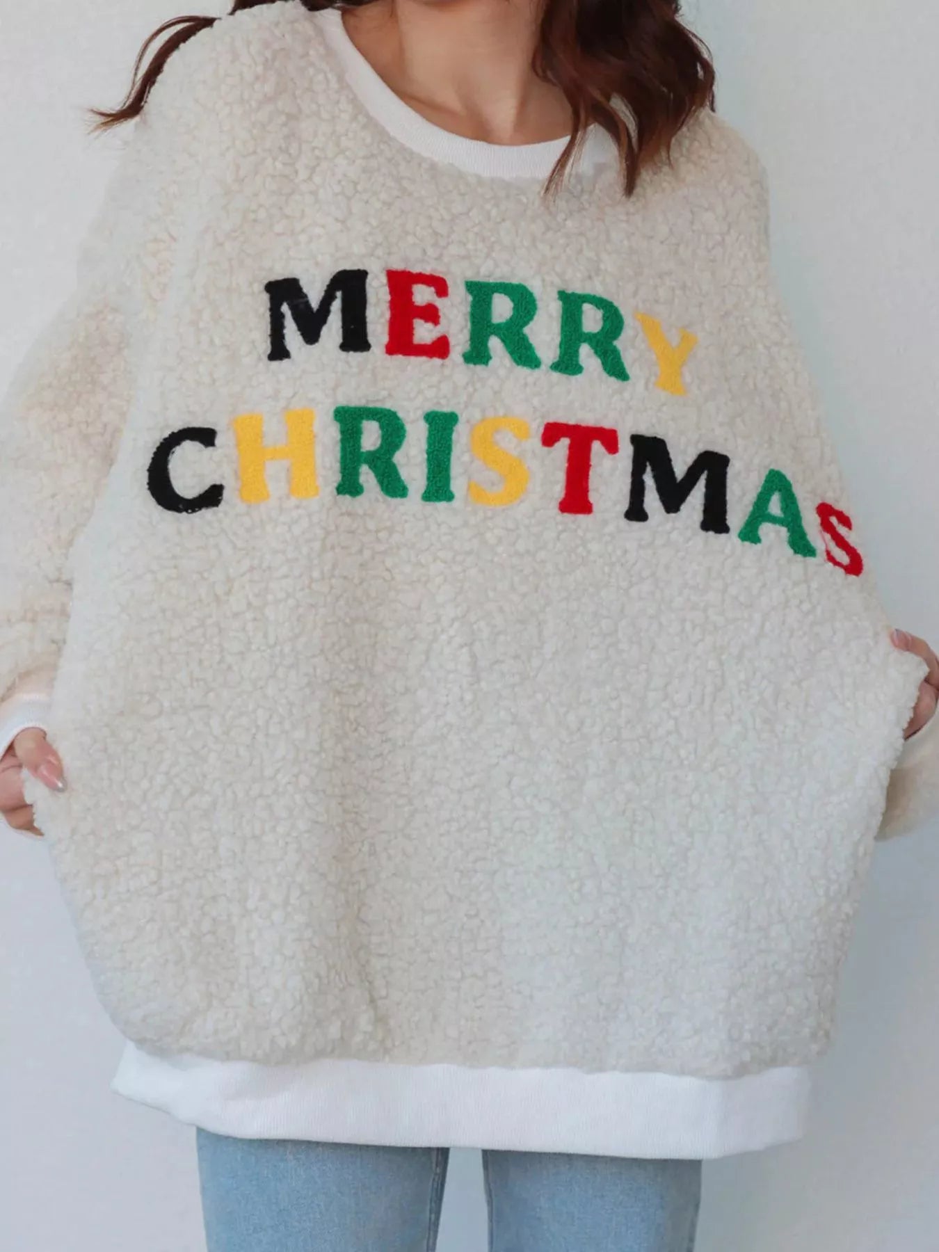 Trendsi Beige / S Merry Christmas Sherpa Fleece Sweatshirt