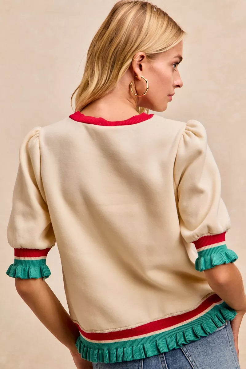 Trendsi BiBi Christmas Merry Letter Patches Contrast Banded Top