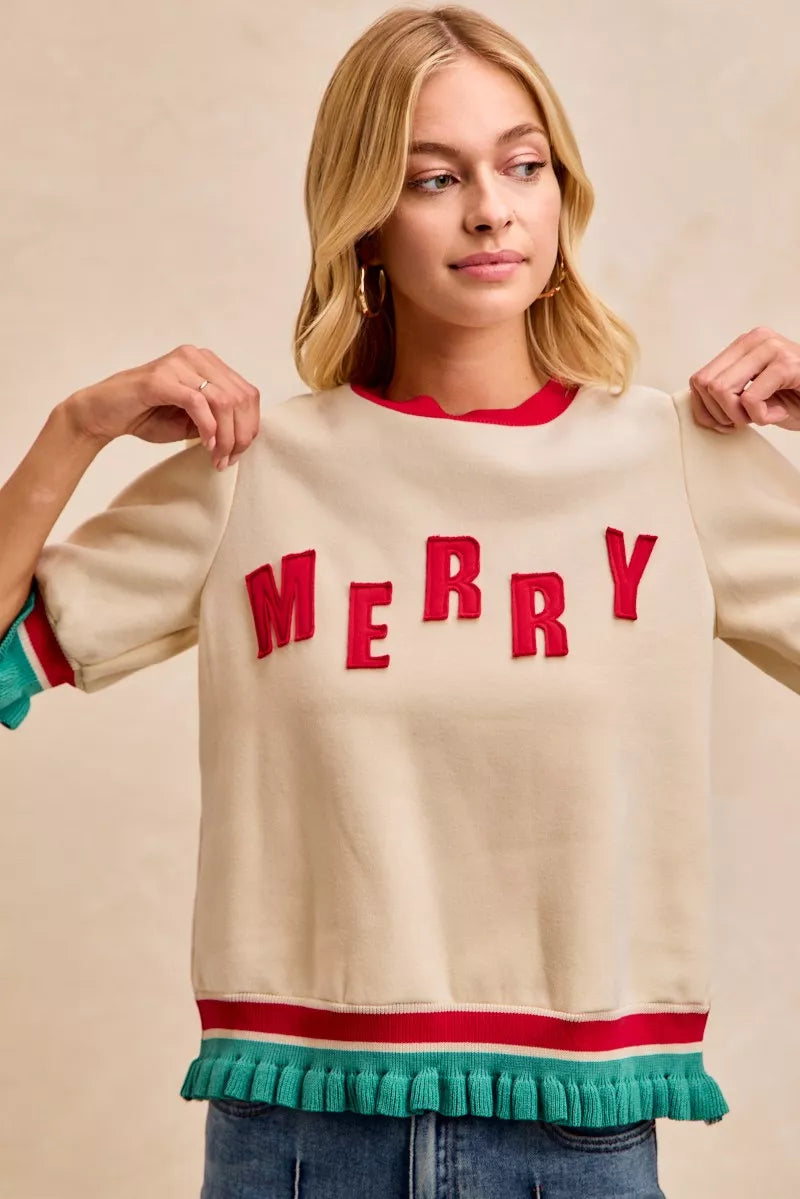 Trendsi BiBi Christmas Merry Letter Patches Contrast Banded Top