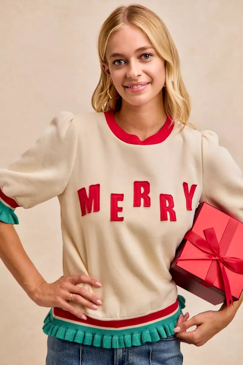 Trendsi BiBi Christmas Merry Letter Patches Contrast Banded Top