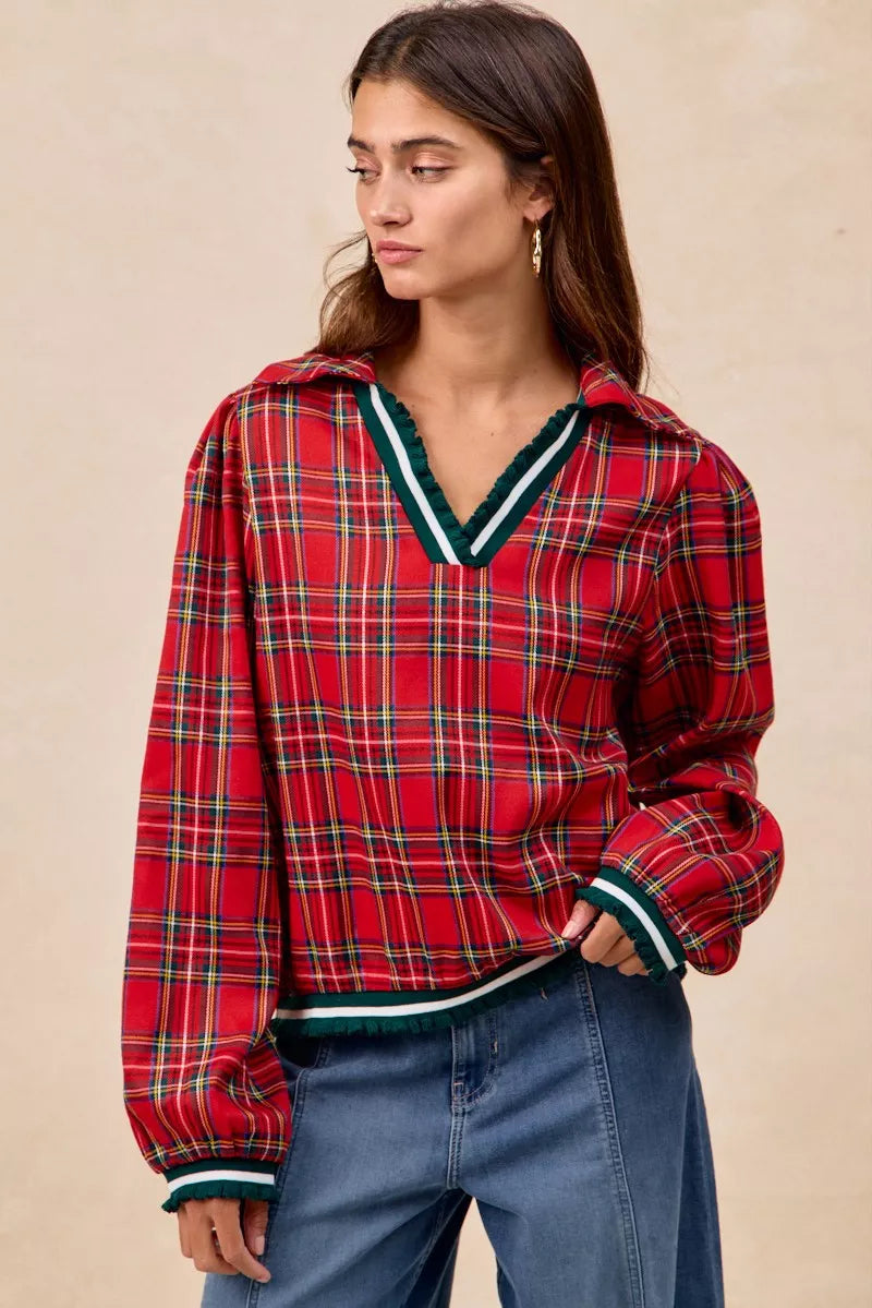 Trendsi BiBi Christmas Plaid Collared Top with Ruffled Detail