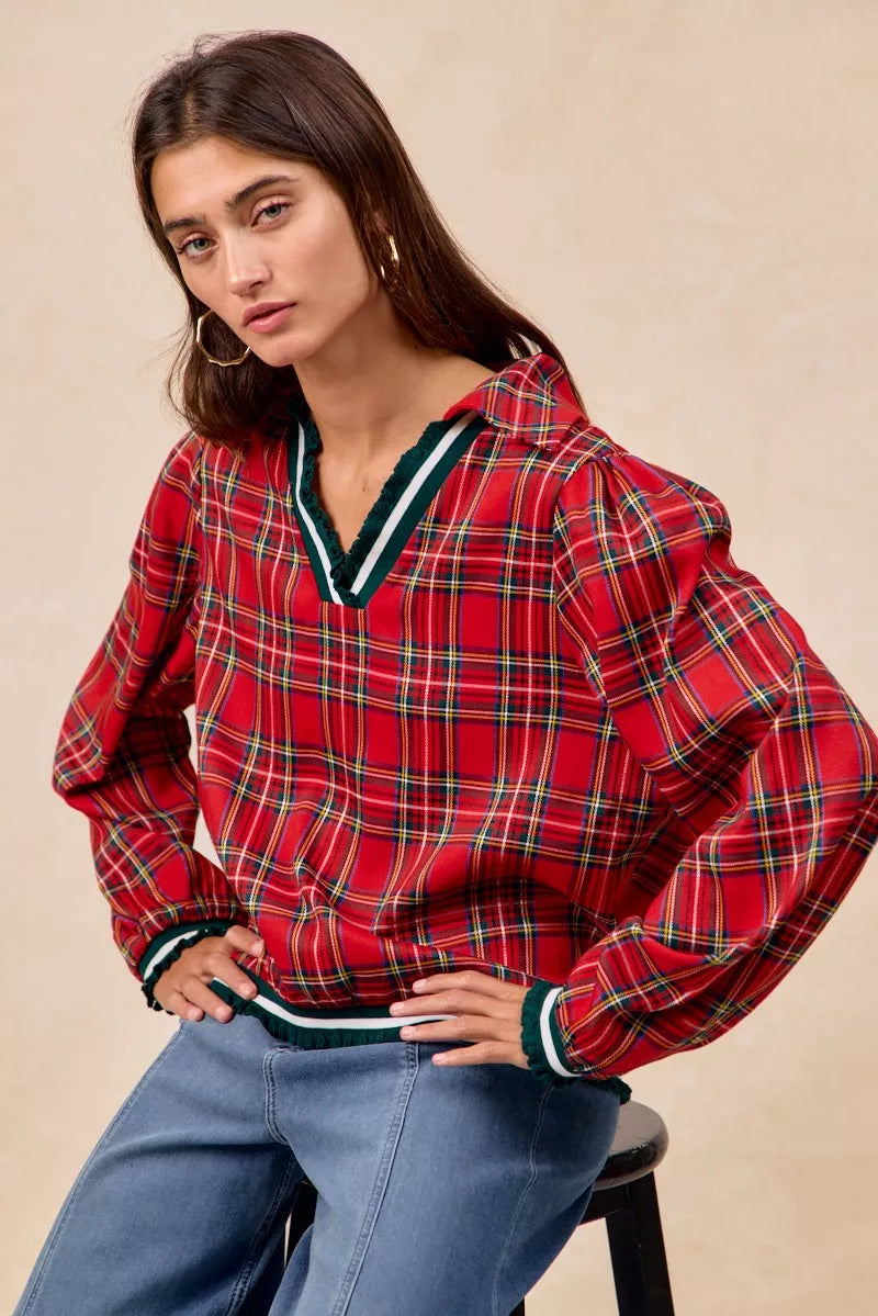 Trendsi BiBi Christmas Plaid Collared Top with Ruffled Detail