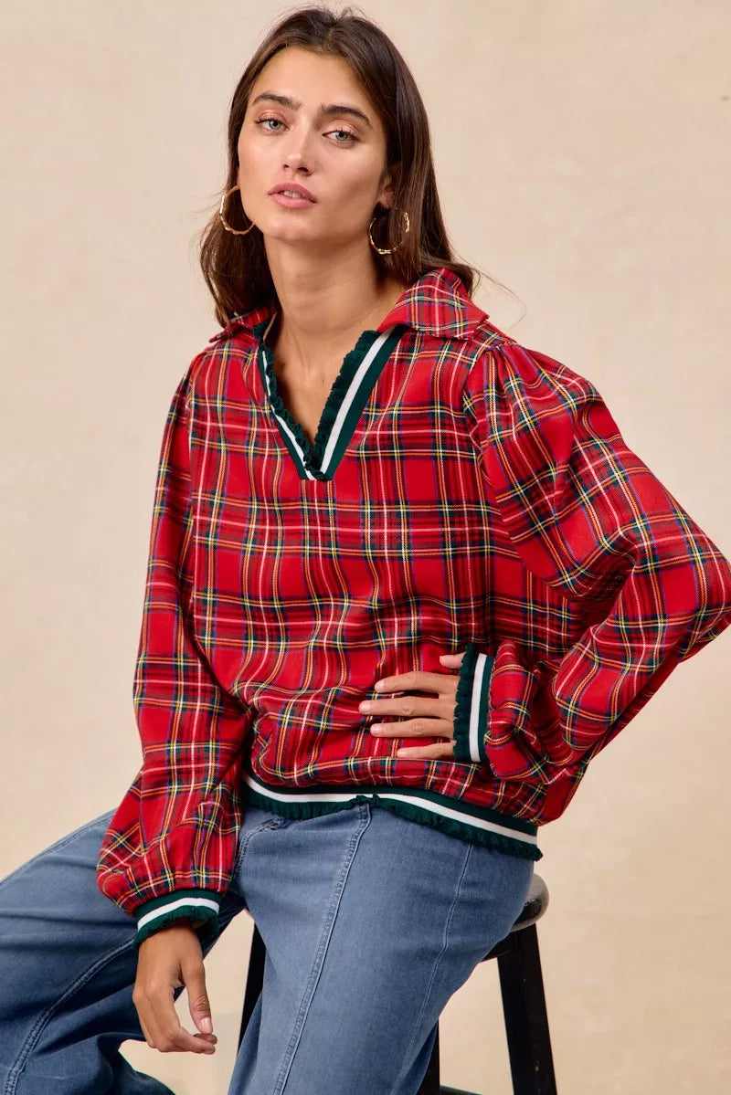 Trendsi BiBi Christmas Plaid Collared Top with Ruffled Detail