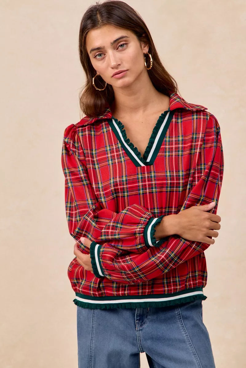 Trendsi BiBi Christmas Plaid Collared Top with Ruffled Detail