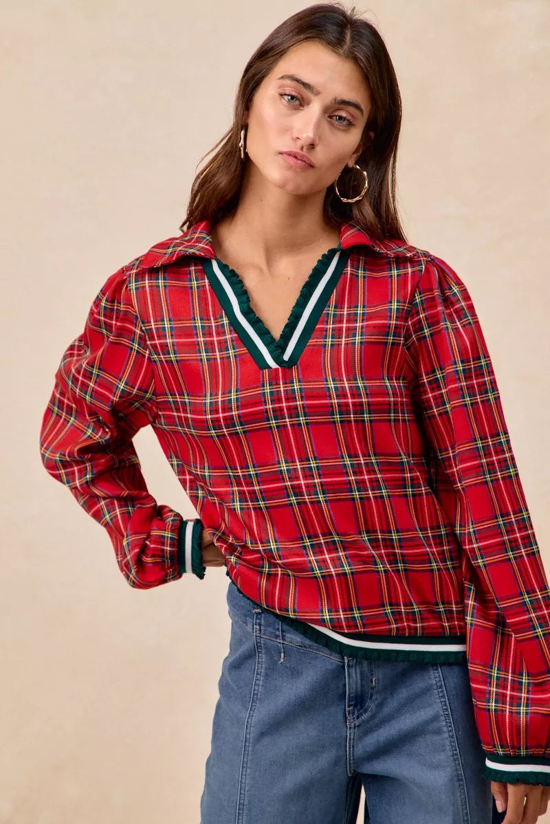 Trendsi BiBi Christmas Plaid Collared Top with Ruffled Detail