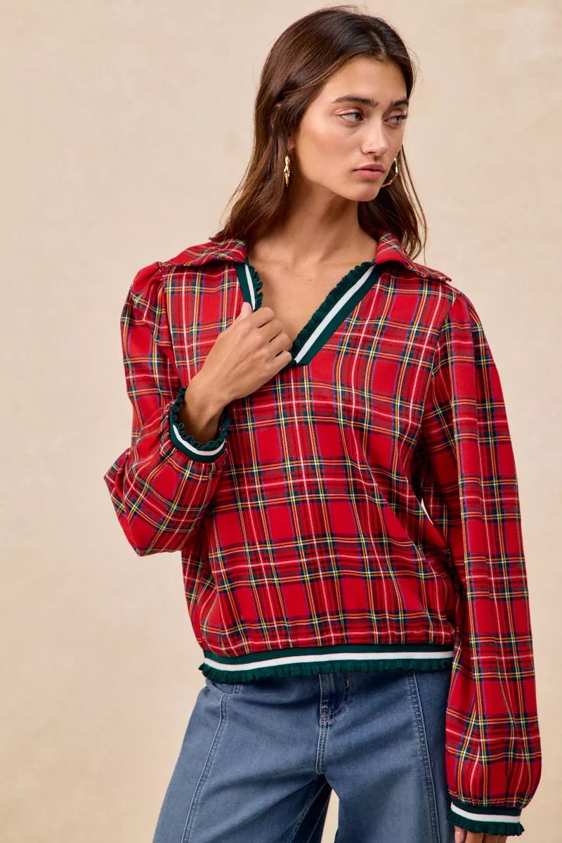 Trendsi BiBi Christmas Plaid Collared Top with Ruffled Detail