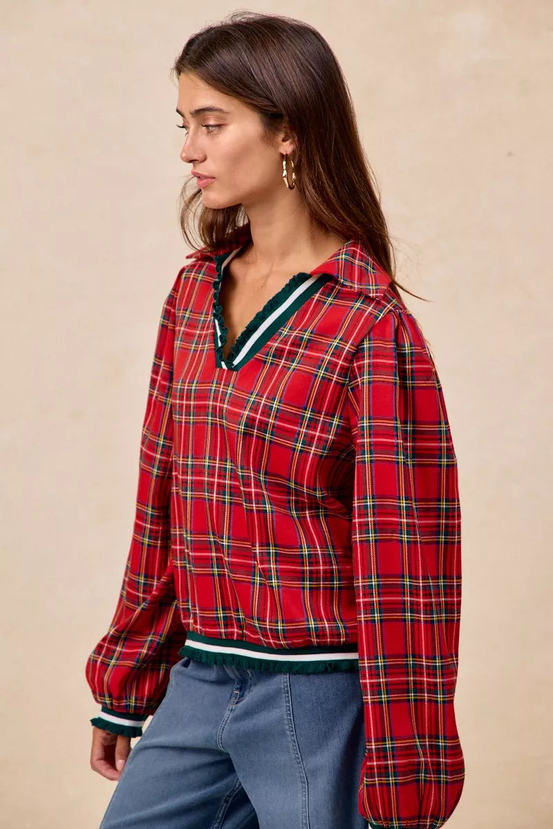 Trendsi BiBi Christmas Plaid Collared Top with Ruffled Detail