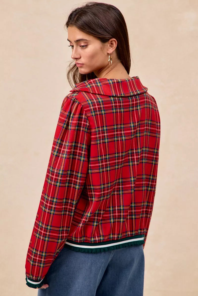 Trendsi BiBi Christmas Plaid Collared Top with Ruffled Detail