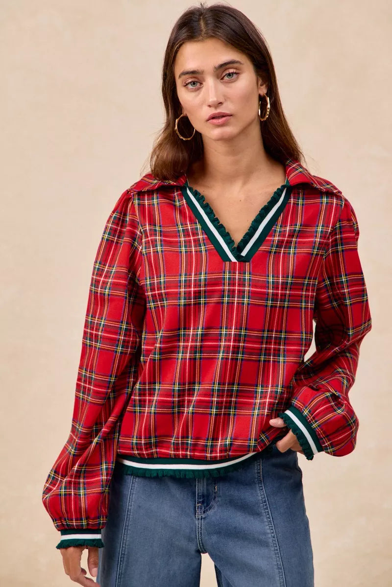 Trendsi BiBi Christmas Plaid Collared Top with Ruffled Detail