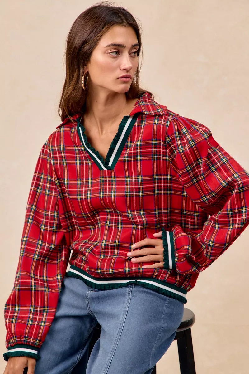 Trendsi BiBi Christmas Plaid Collared Top with Ruffled Detail