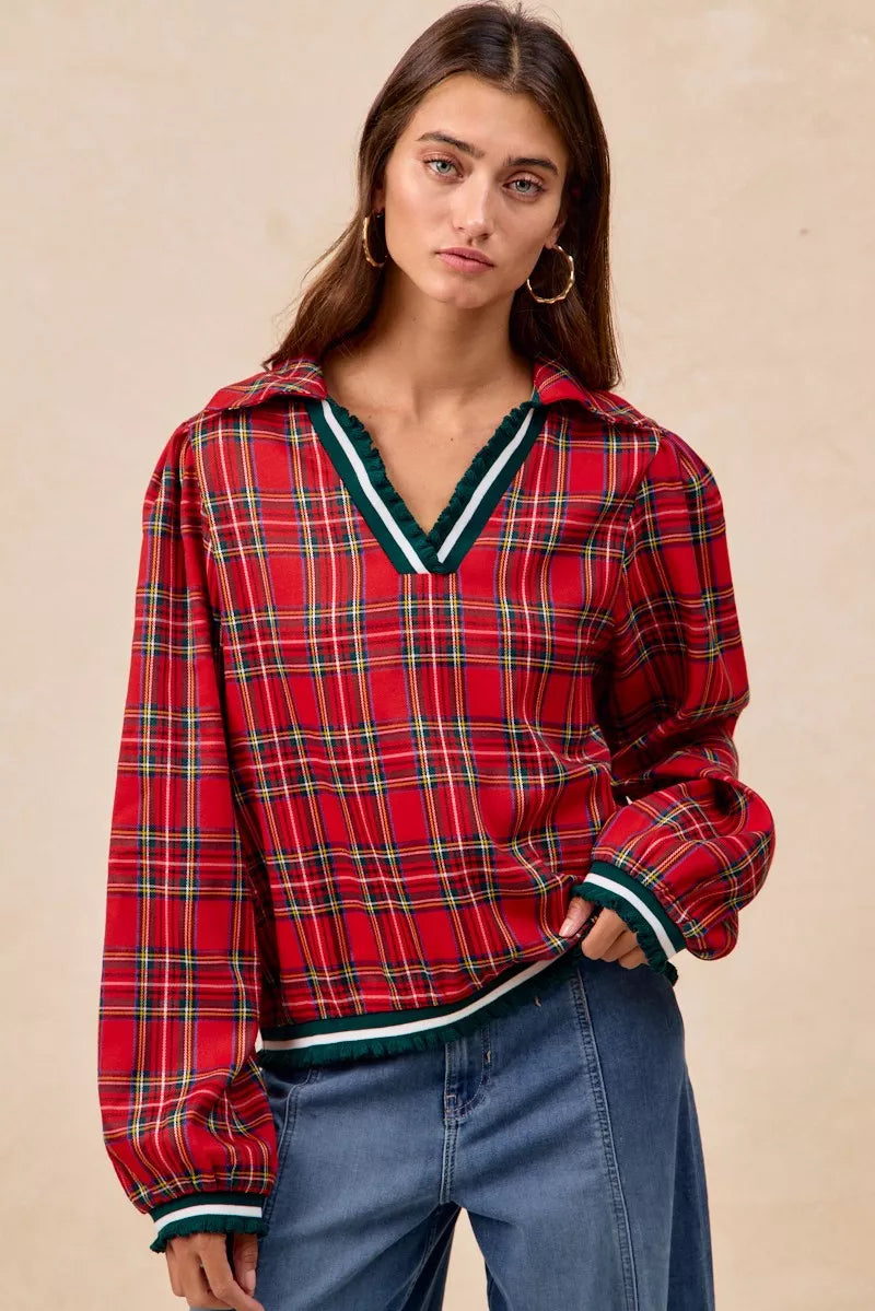 Trendsi BiBi Christmas Plaid Collared Top with Ruffled Detail