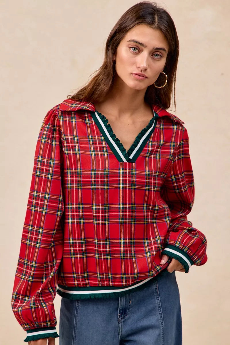 Trendsi BiBi Christmas Plaid Collared Top with Ruffled Detail