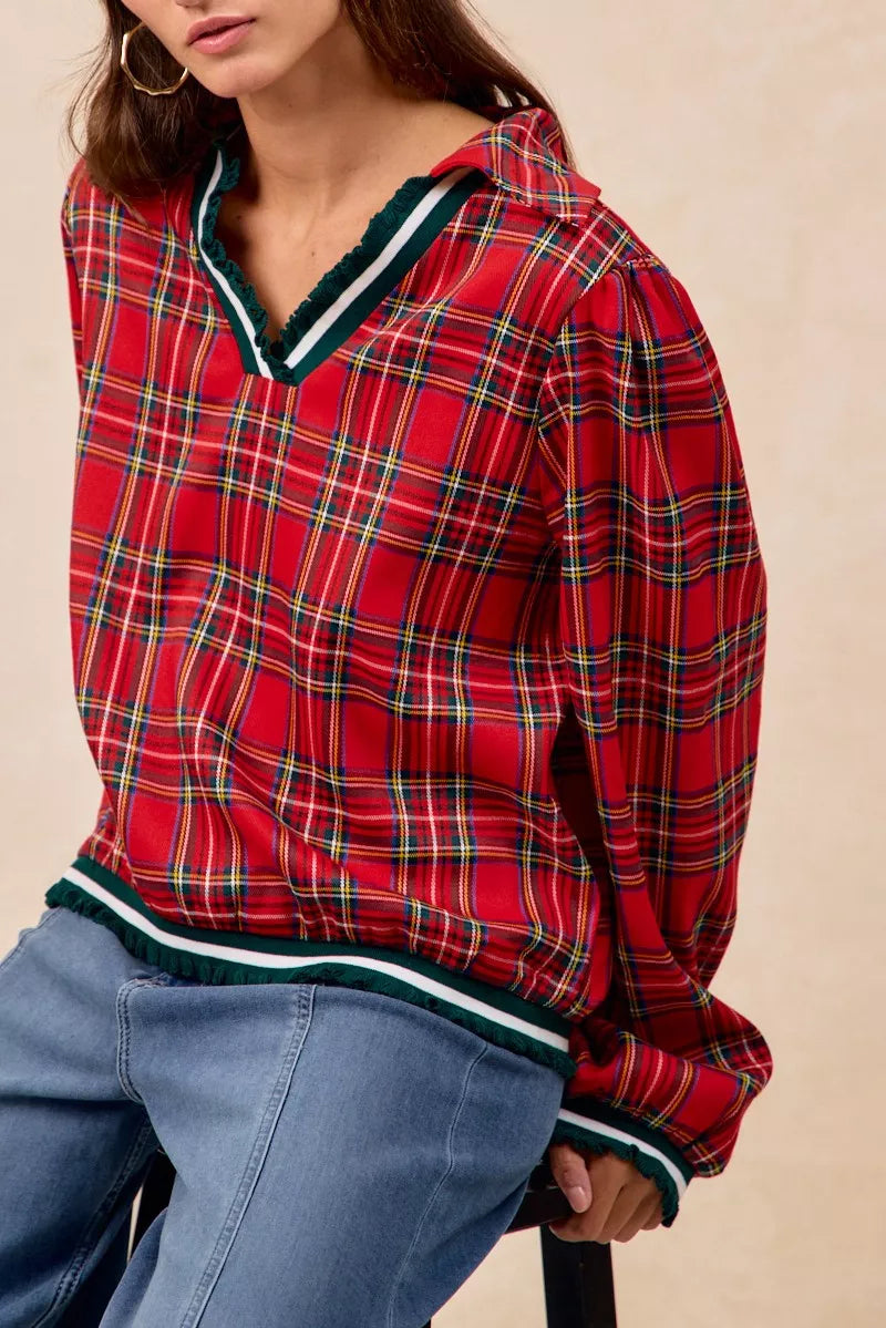Trendsi BiBi Christmas Plaid Collared Top with Ruffled Detail