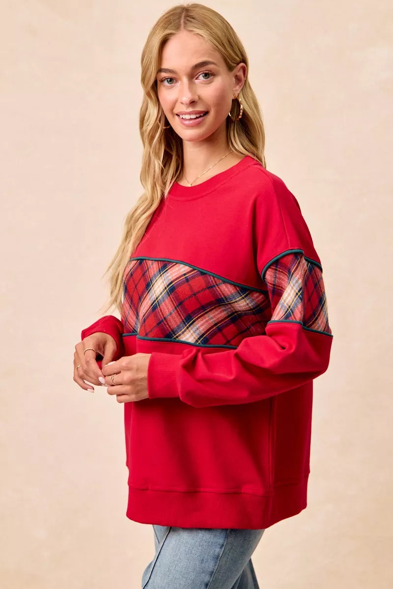 Trendsi BiBi Christmas Theme Plaid Block Sweatshirt with Binding