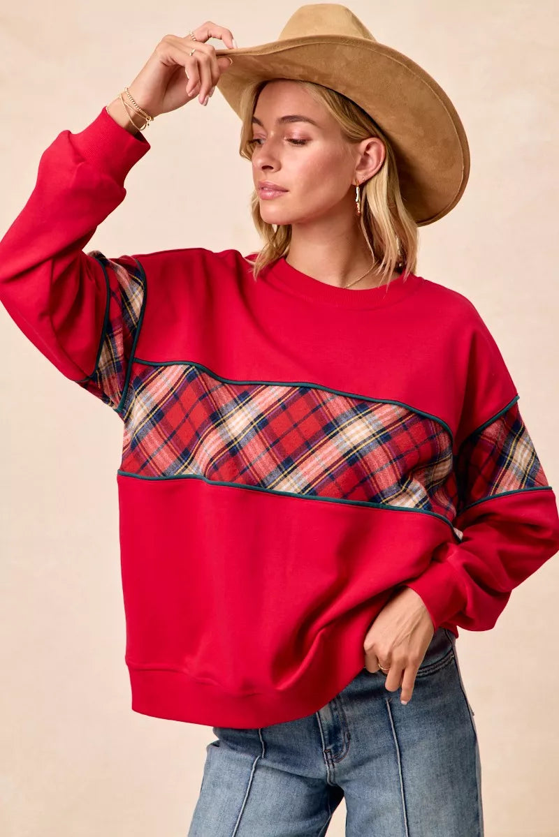 Trendsi BiBi Christmas Theme Plaid Block Sweatshirt with Binding