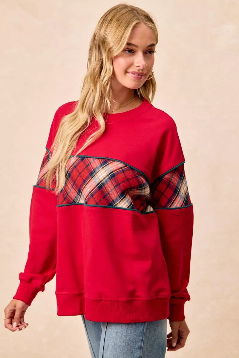 Trendsi BiBi Christmas Theme Plaid Block Sweatshirt with Binding