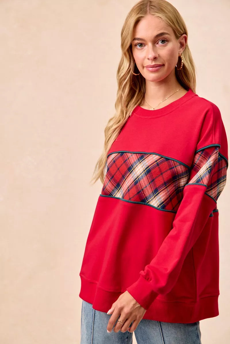 Trendsi BiBi Christmas Theme Plaid Block Sweatshirt with Binding