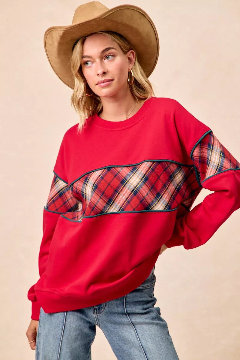 Trendsi BiBi Christmas Theme Plaid Block Sweatshirt with Binding