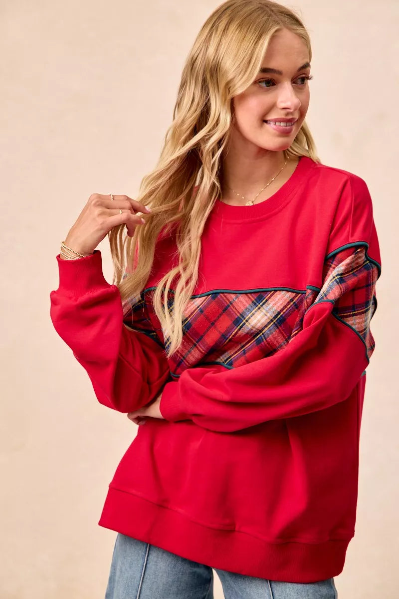 Trendsi BiBi Christmas Theme Plaid Block Sweatshirt with Binding