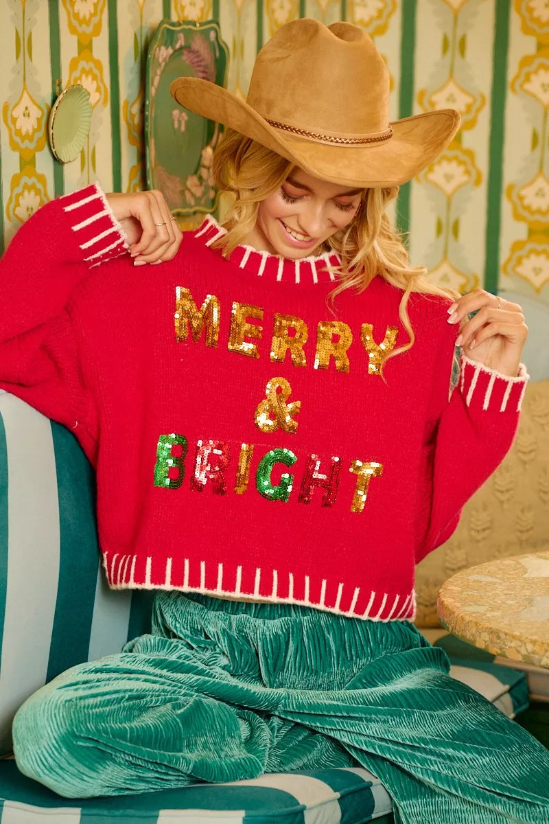 Trendsi BiBi Christmas Theme Sequin Lattering Sweater