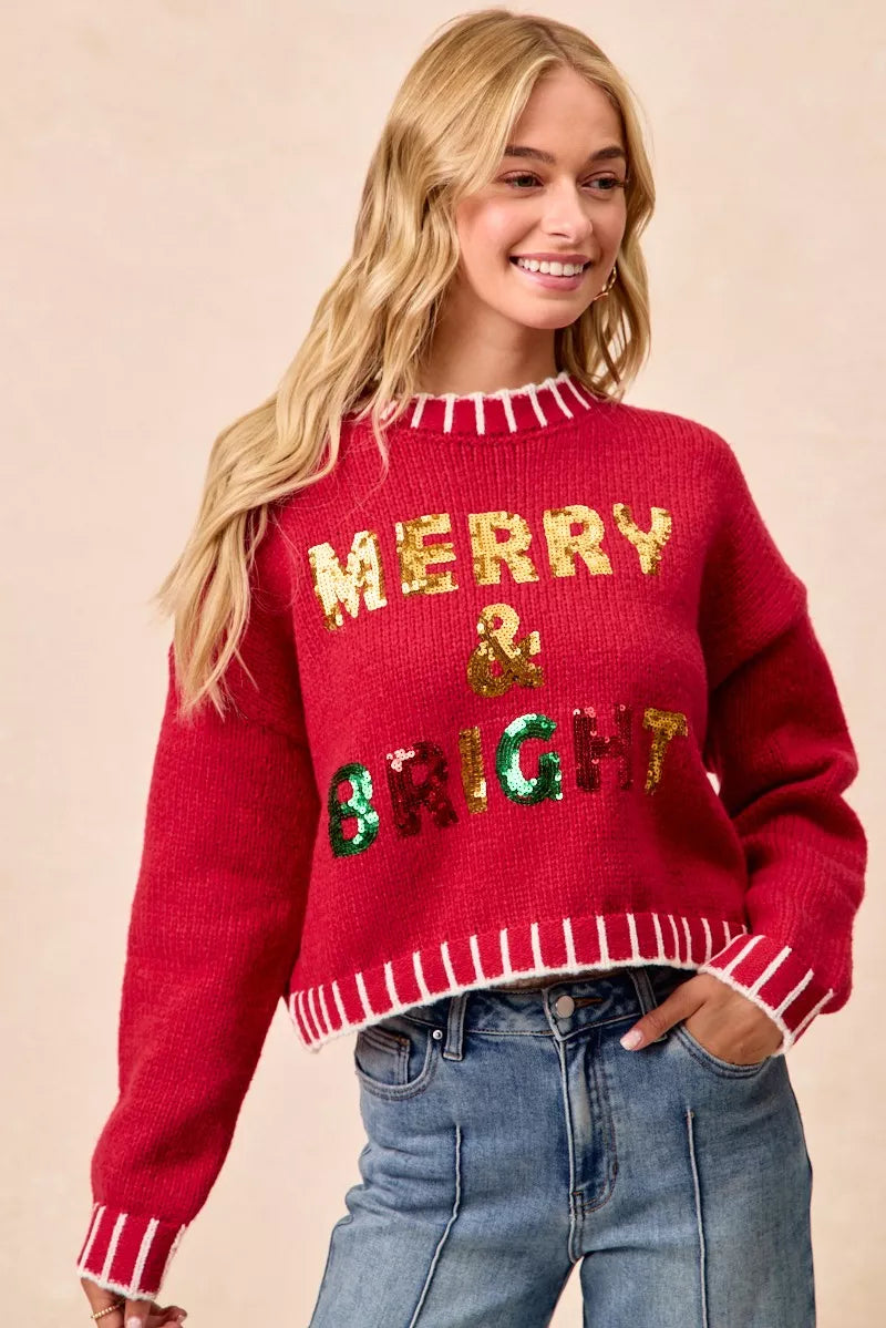 Trendsi BiBi Christmas Theme Sequin Lattering Sweater