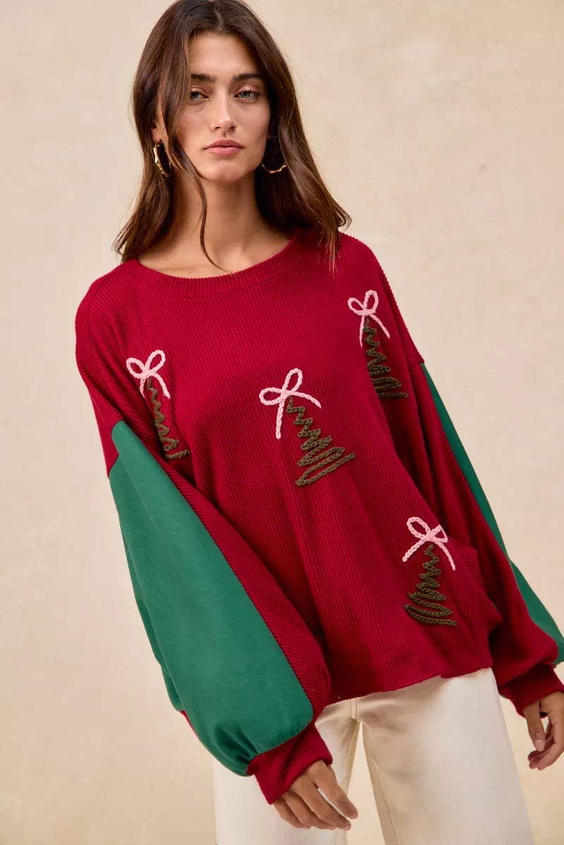 Trendsi BiBi Christmas Theme Tree Embroidered Sweater