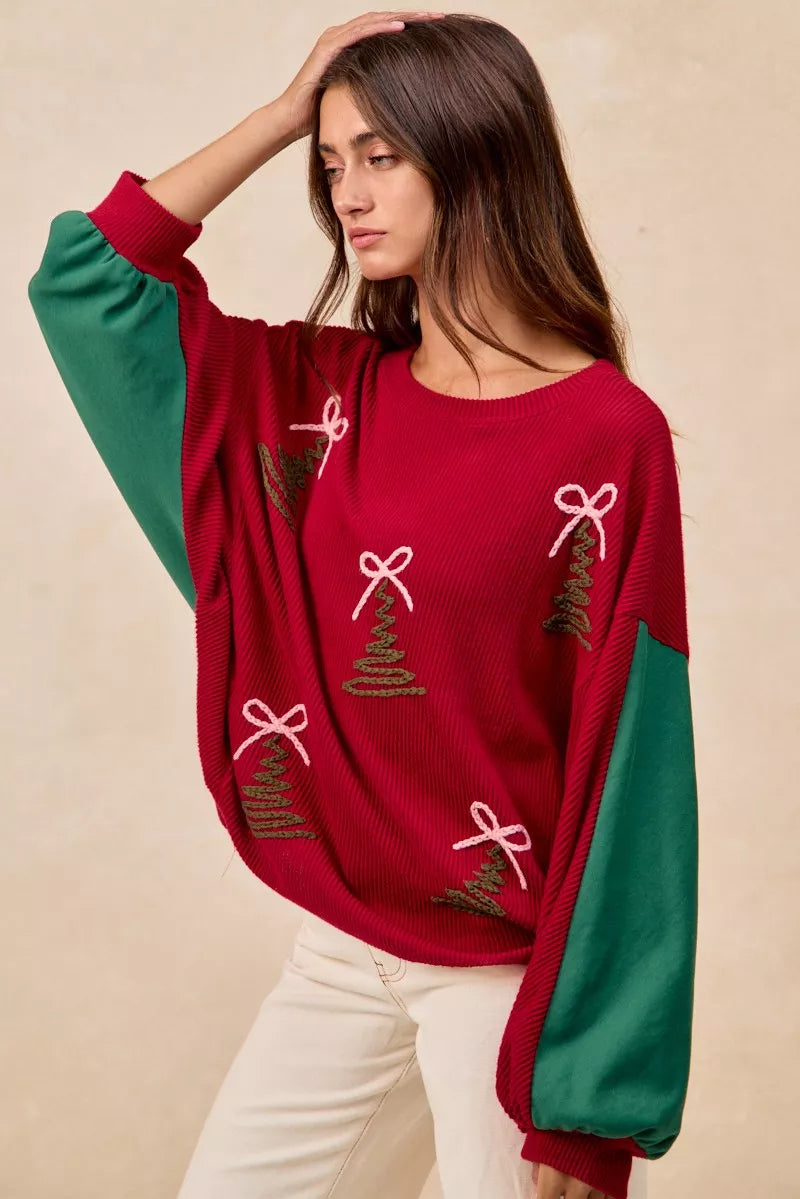 Trendsi BiBi Christmas Theme Tree Embroidered Sweater
