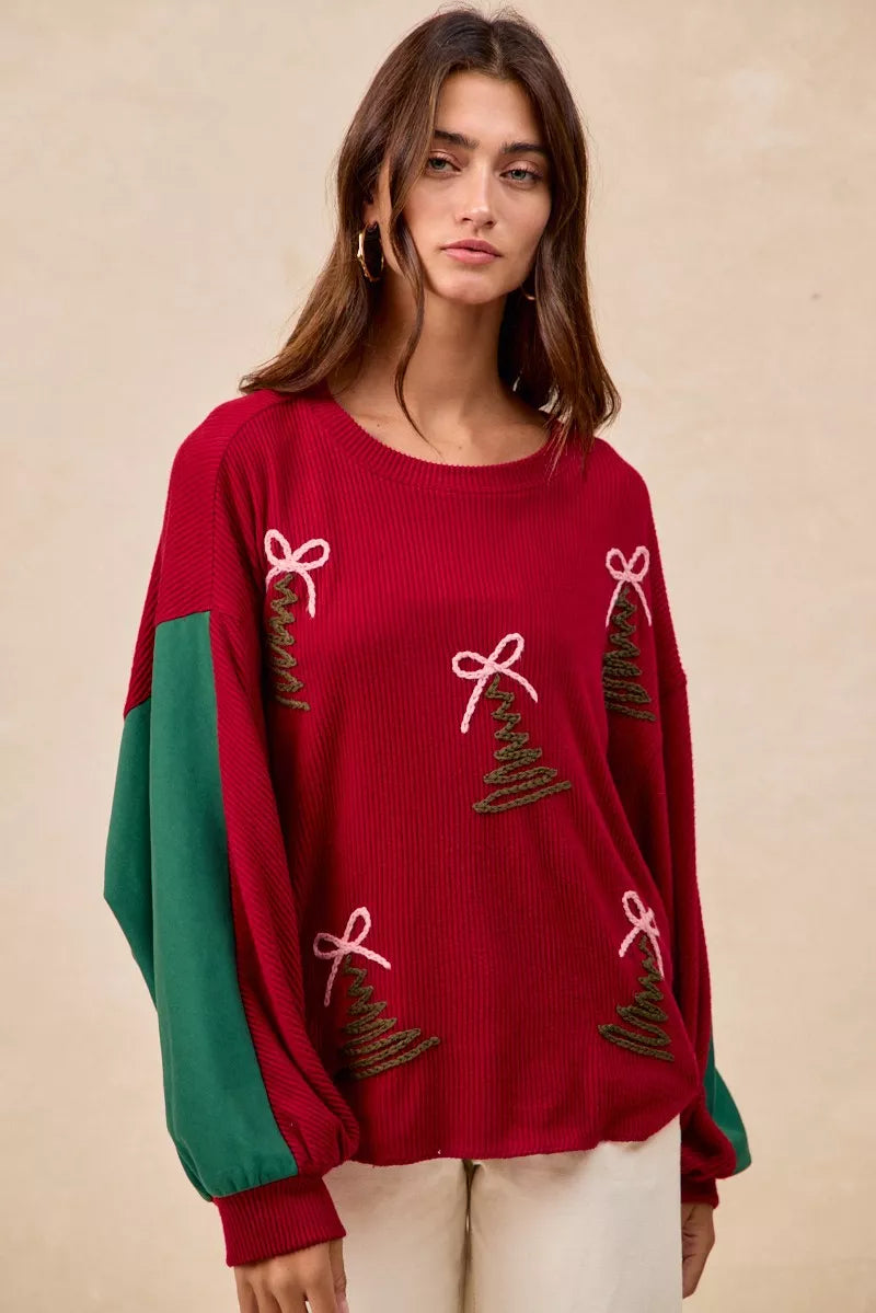 Trendsi BiBi Christmas Theme Tree Embroidered Sweater