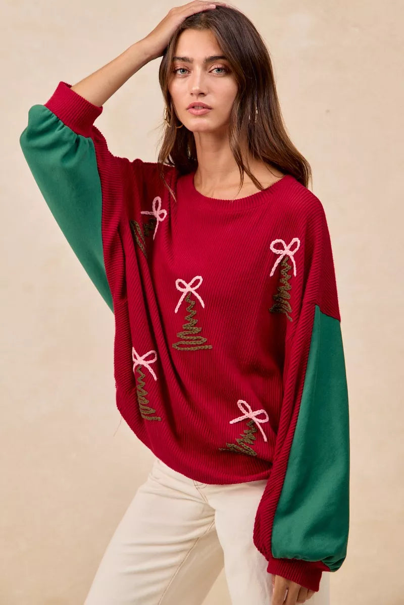 Trendsi BiBi Christmas Theme Tree Embroidered Sweater