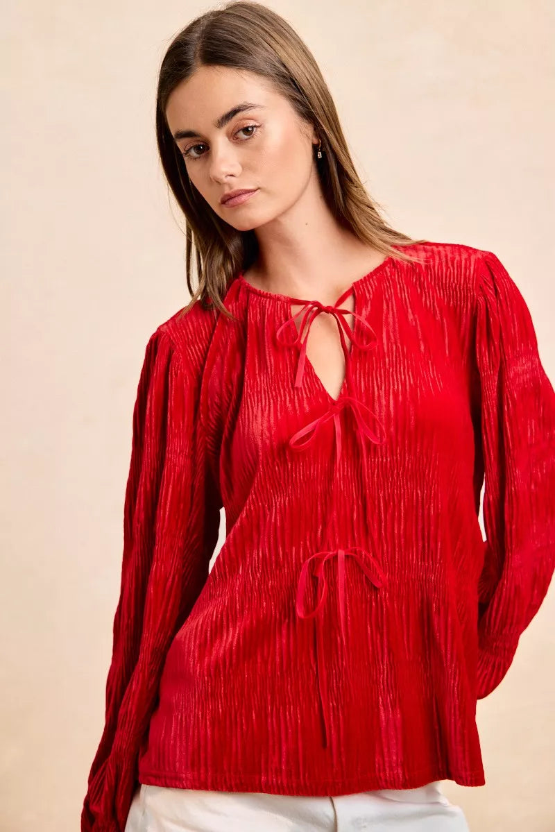 Trendsi BiBi Christmas Theme Velvet Bow Tied Top With Neck Drop