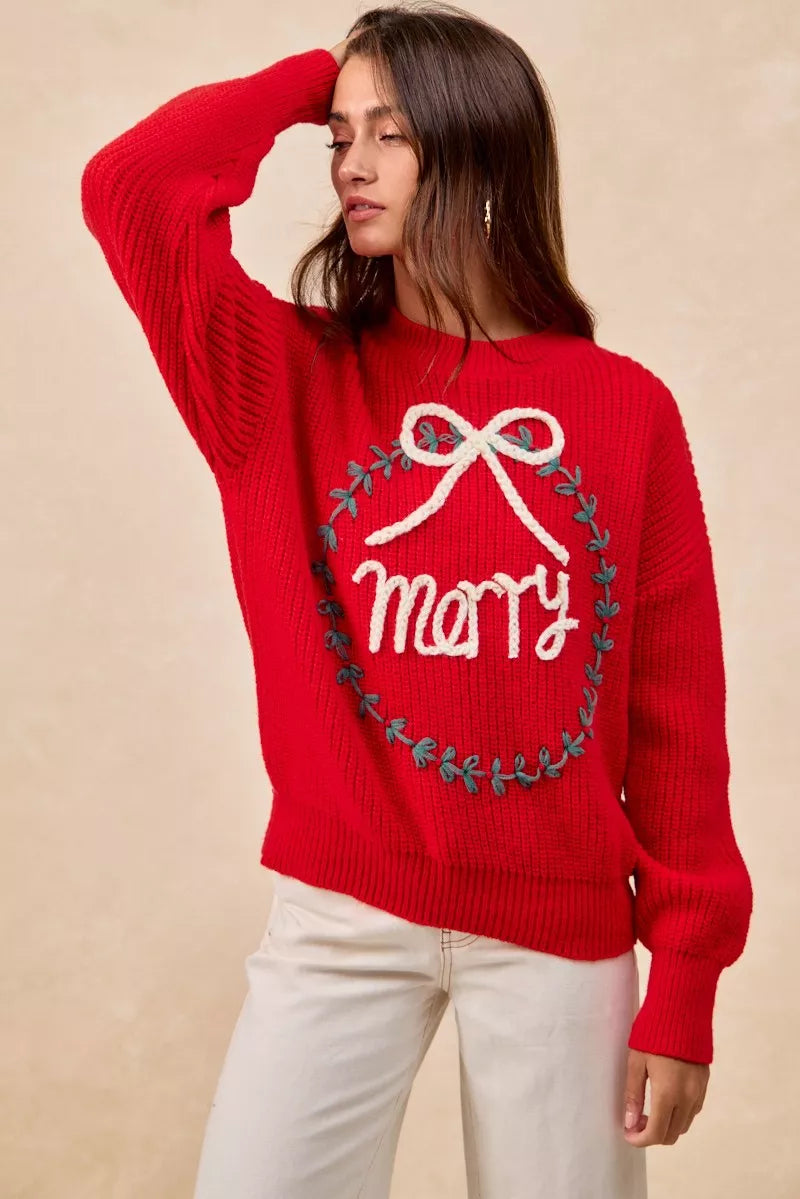 Trendsi BiBi Christmas Wreath Merry Letter Knit Top