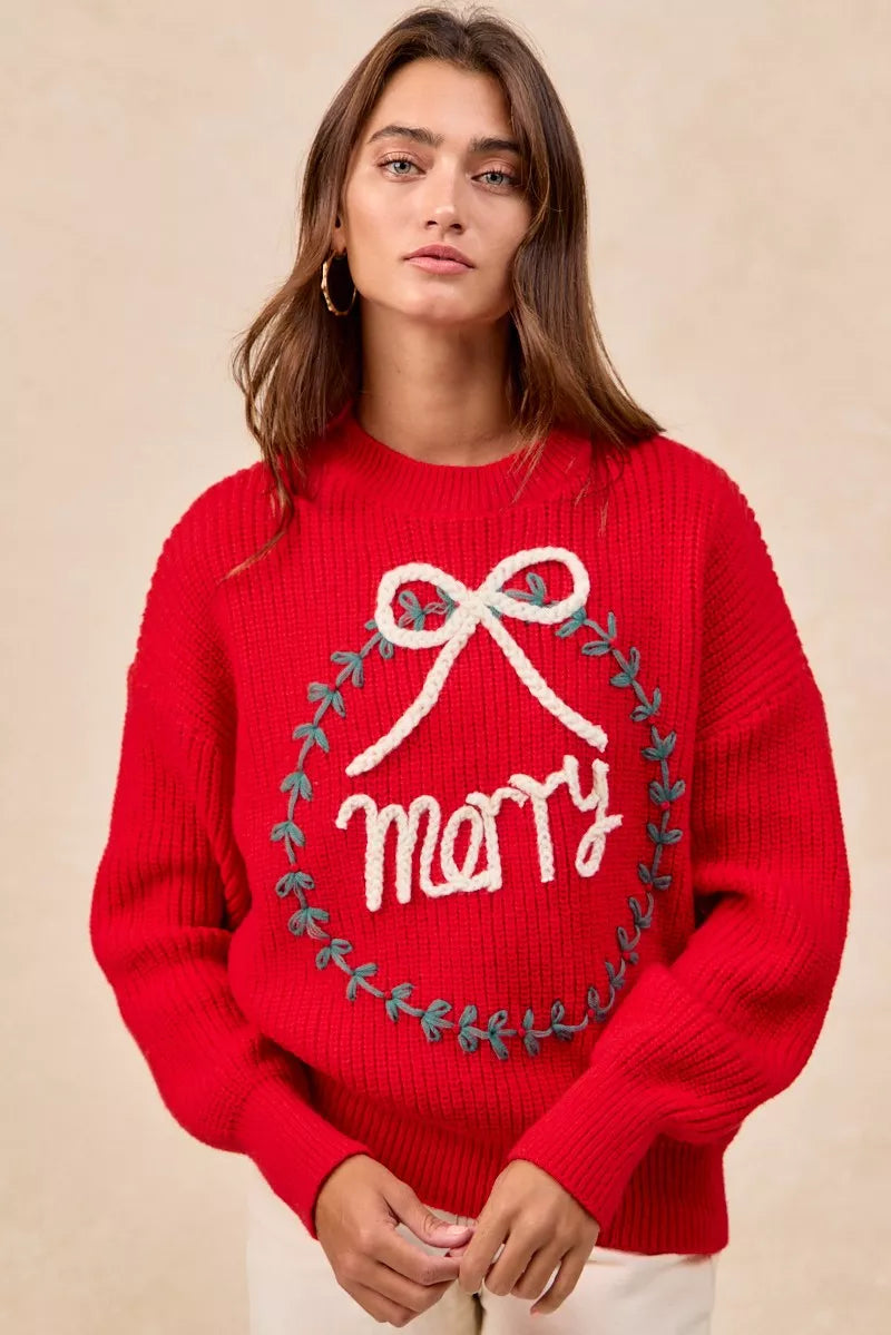 Trendsi BiBi Christmas Wreath Merry Letter Knit Top