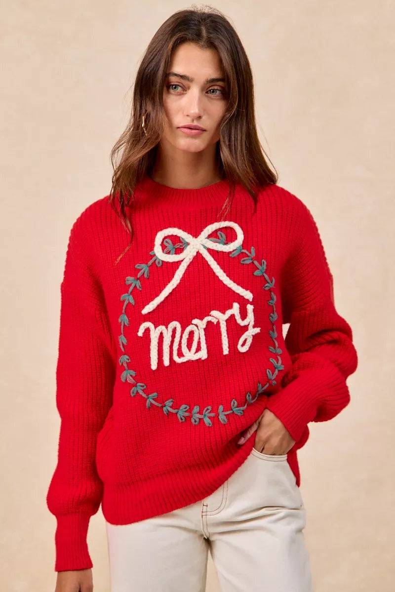 Trendsi BiBi Christmas Wreath Merry Letter Knit Top