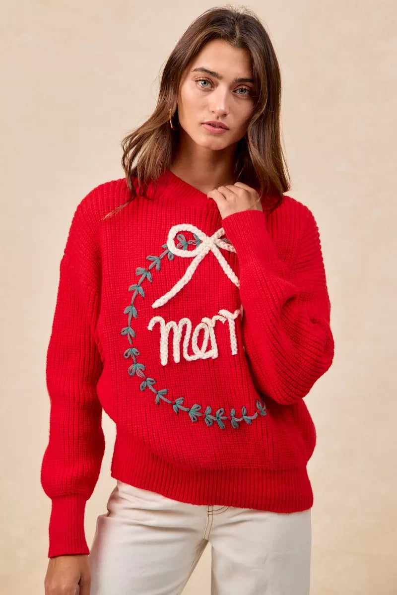 Trendsi BiBi Christmas Wreath Merry Letter Knit Top