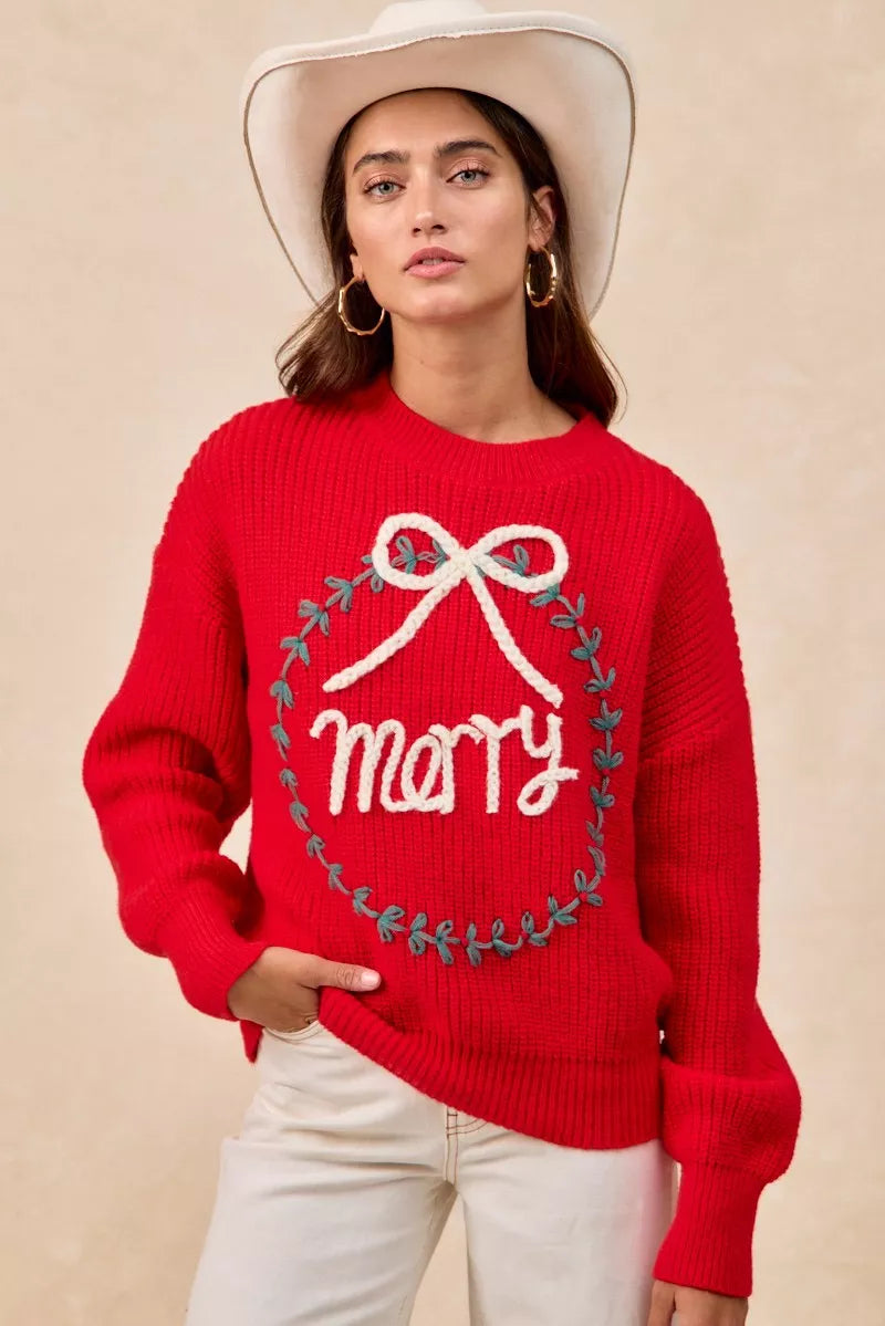 Trendsi BiBi Christmas Wreath Merry Letter Knit Top