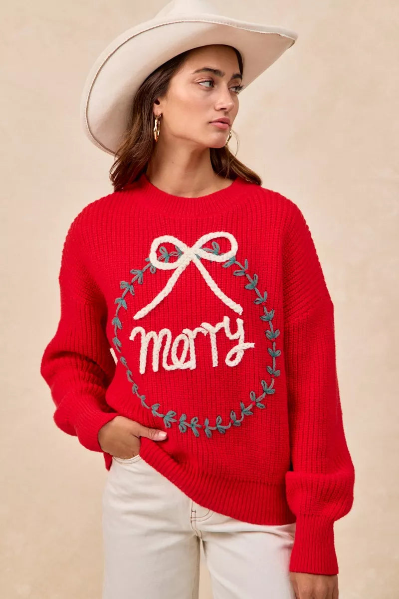 Trendsi BiBi Christmas Wreath Merry Letter Knit Top