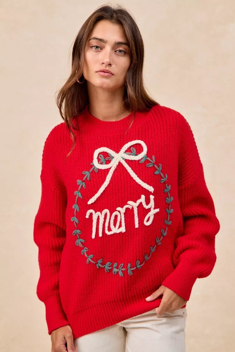 Trendsi BiBi Christmas Wreath Merry Letter Knit Top