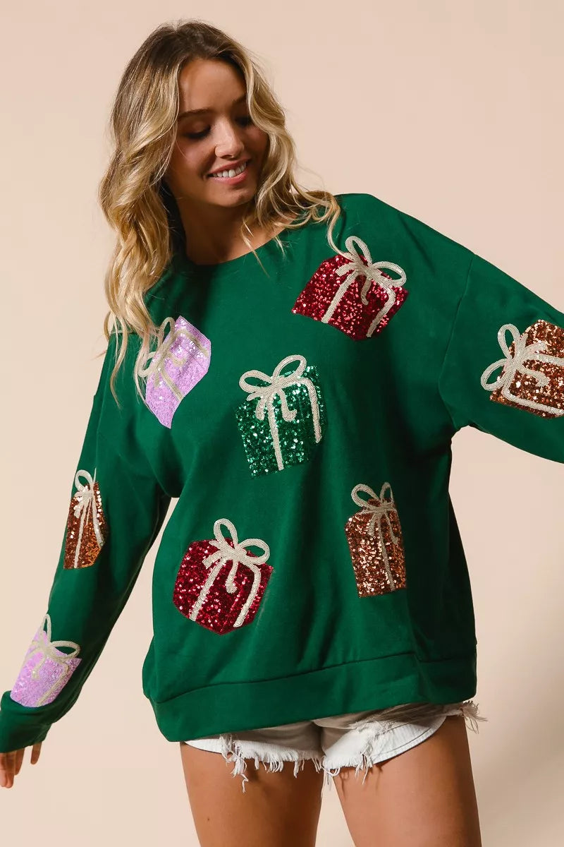 Trendsi BiBi Sequin Christmas Gift Box Embroideries Pullover